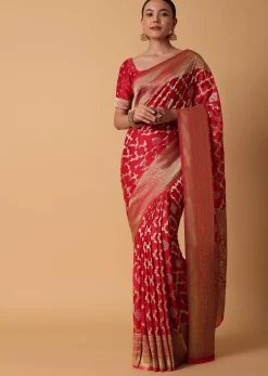 Red Satin Organza Saree With Moroccan Jaal Weave And Unstitched Blouse Piece