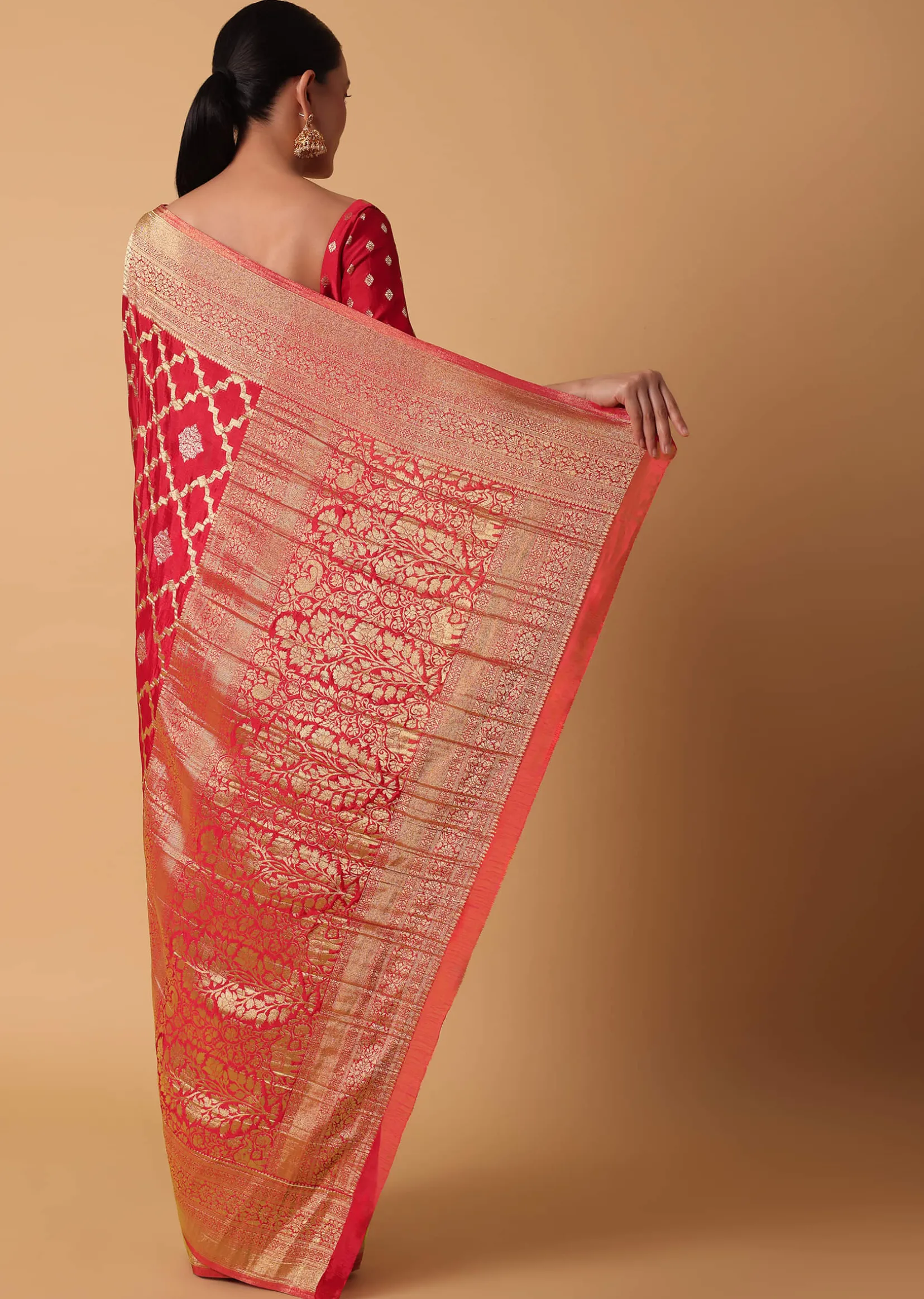 Red Satin Organza Saree With Moroccan Jaal Weave And Unstitched Blouse Piece