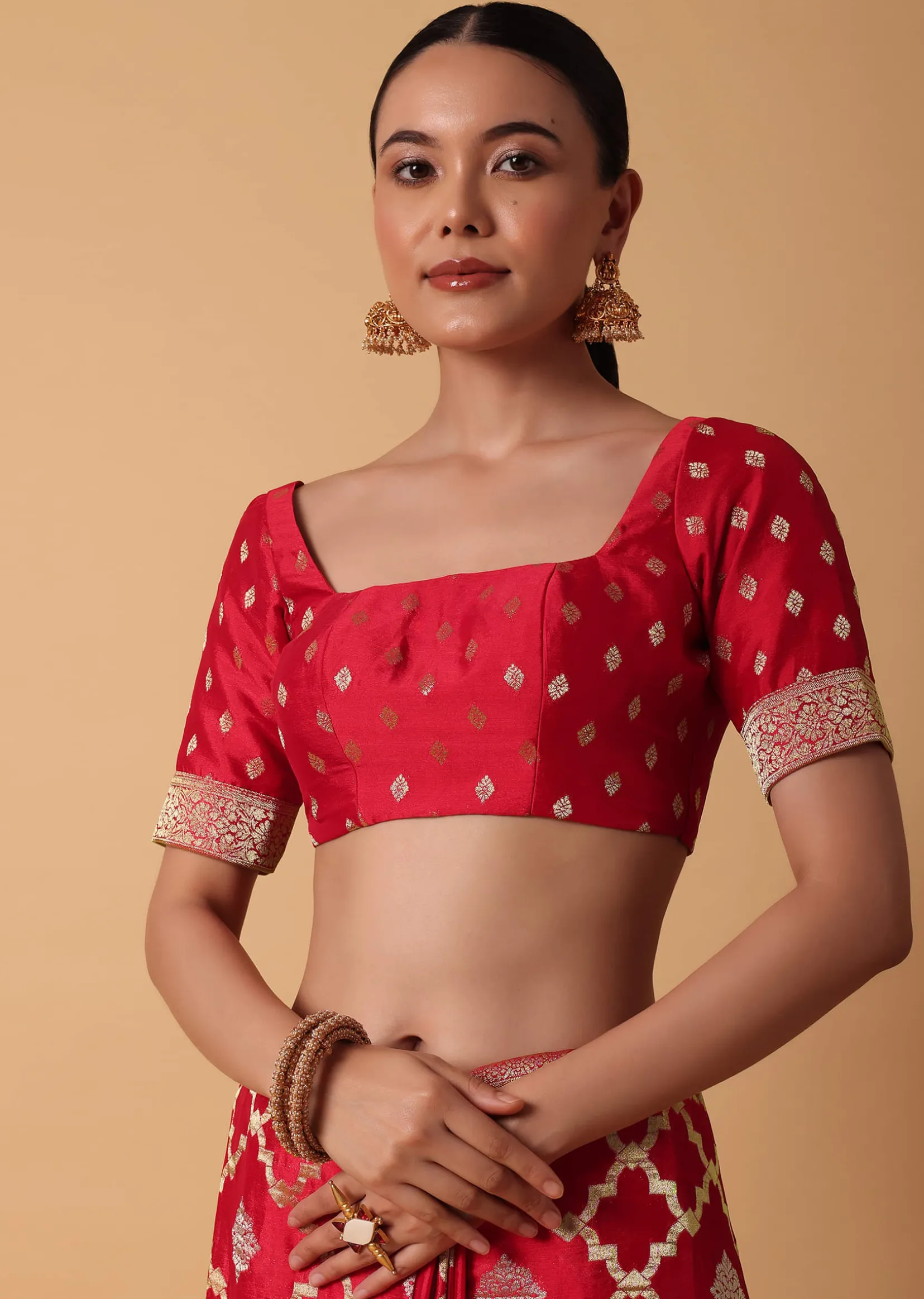 Red Satin Organza Saree With Moroccan Jaal Weave And Unstitched Blouse Piece