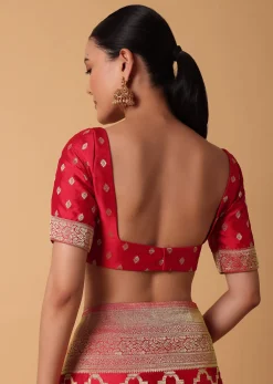 Red Satin Organza Saree With Moroccan Jaal Weave And Unstitched Blouse Piece
