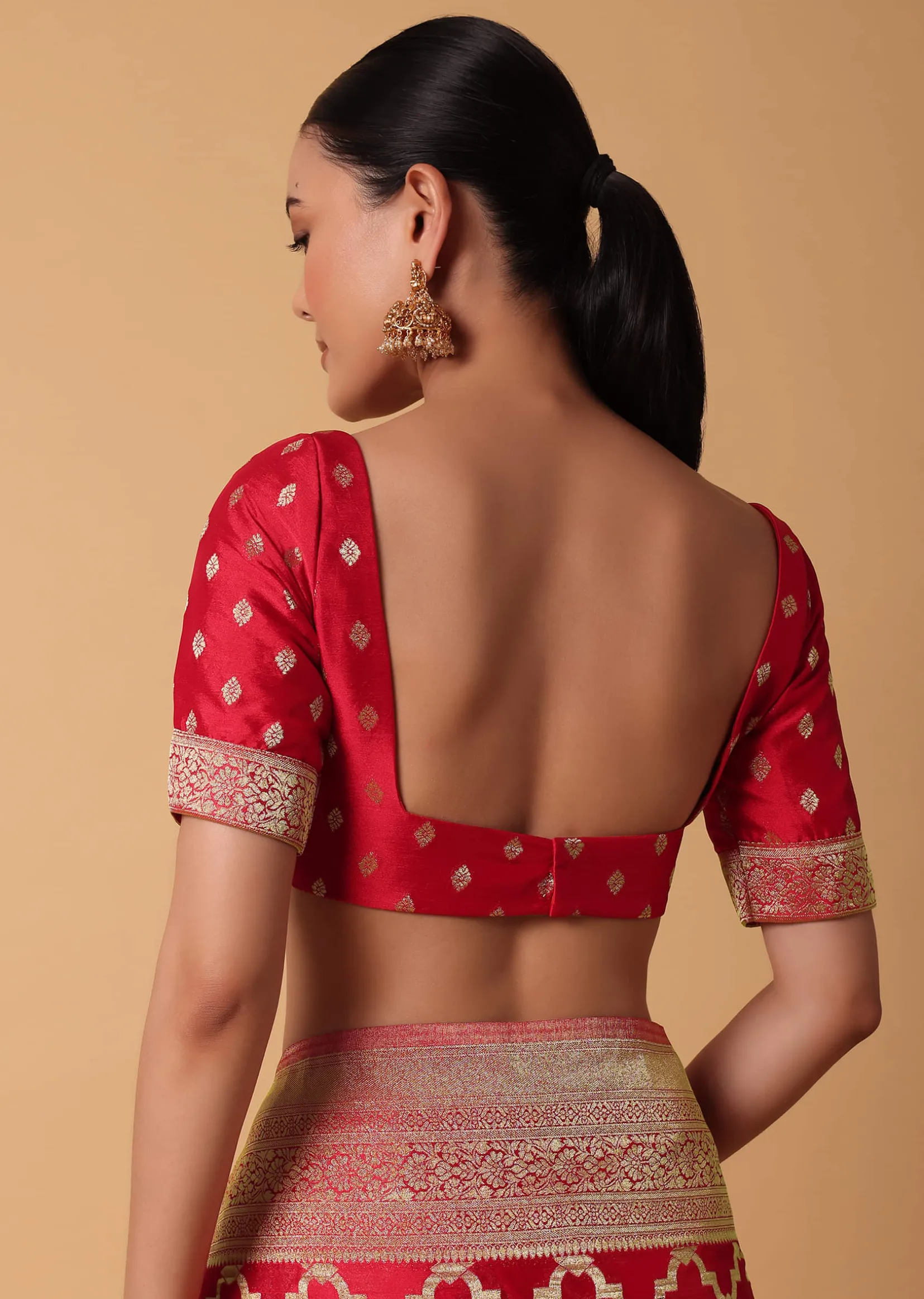 Red Satin Organza Saree With Moroccan Jaal Weave And Unstitched Blouse Piece