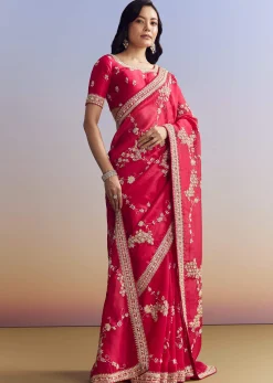 Red Satin Saree With Full Jaal Embroidery