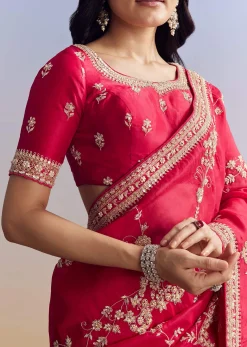 Red Satin Saree With Full Jaal Embroidery