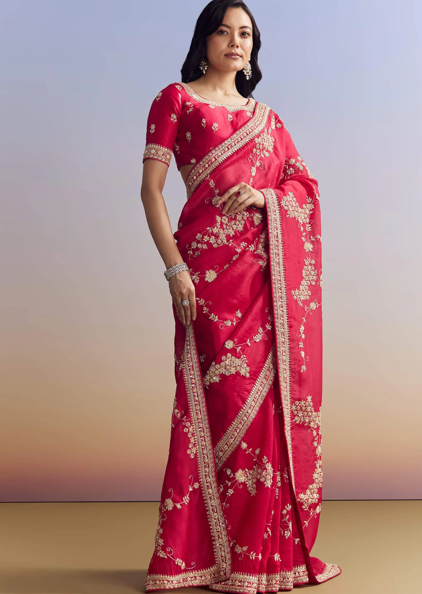 Red Satin Saree With Full Jaal Embroidery