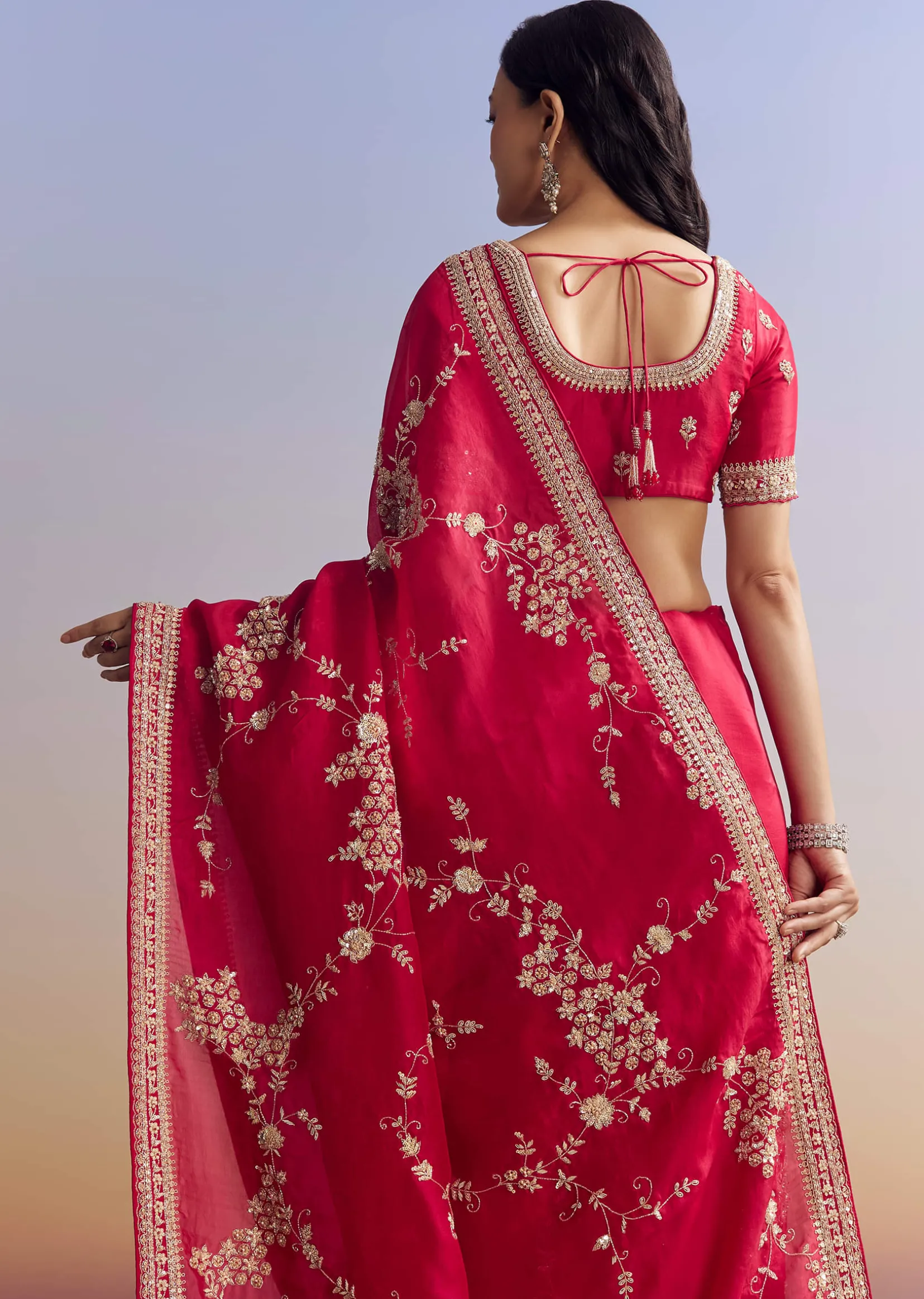 Red Satin Saree With Full Jaal Embroidery