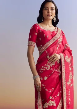Red Satin Saree With Full Jaal Embroidery