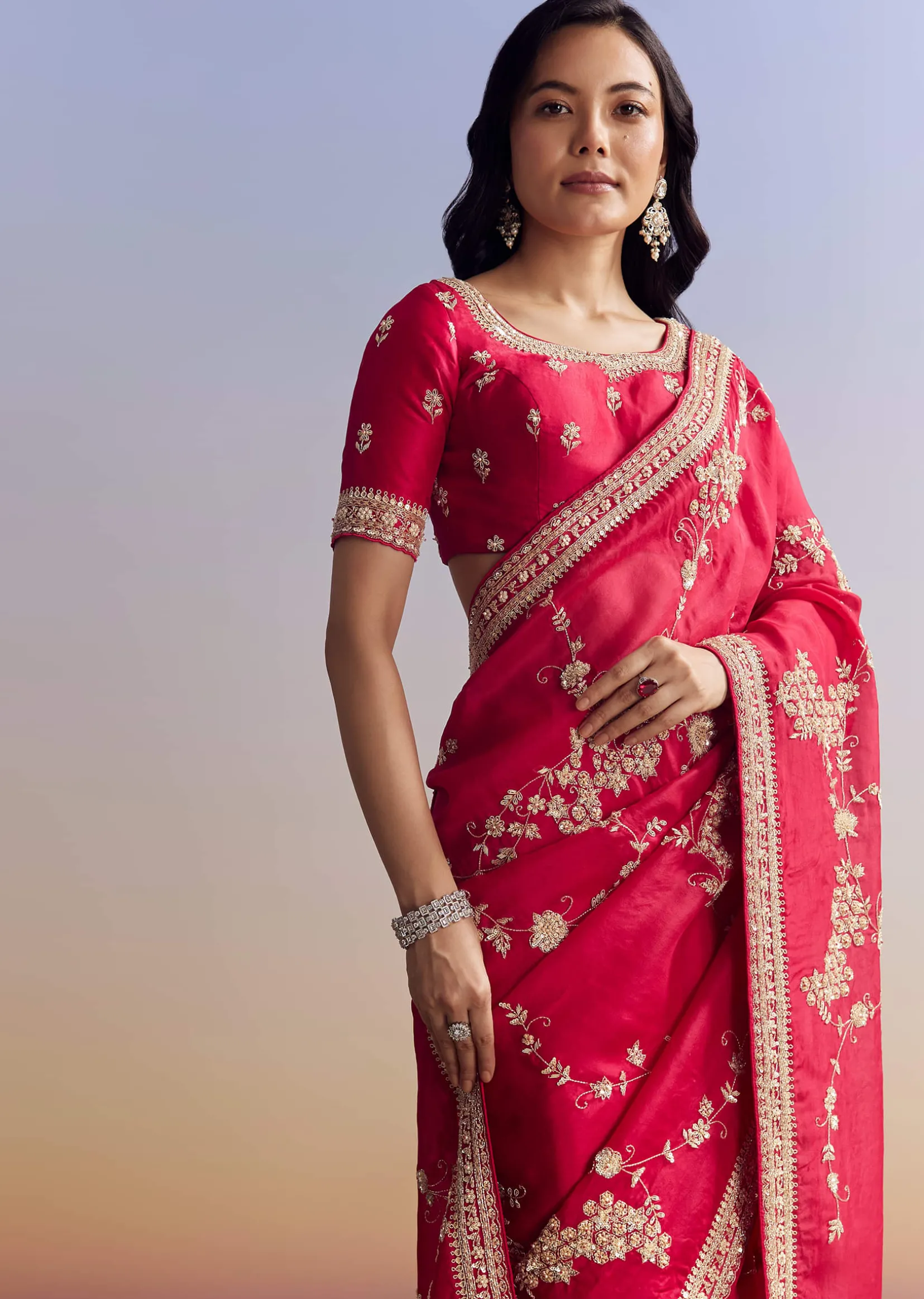 Red Satin Saree With Full Jaal Embroidery