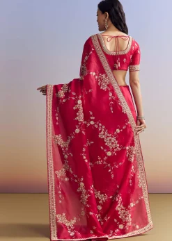 Red Satin Saree With Full Jaal Embroidery
