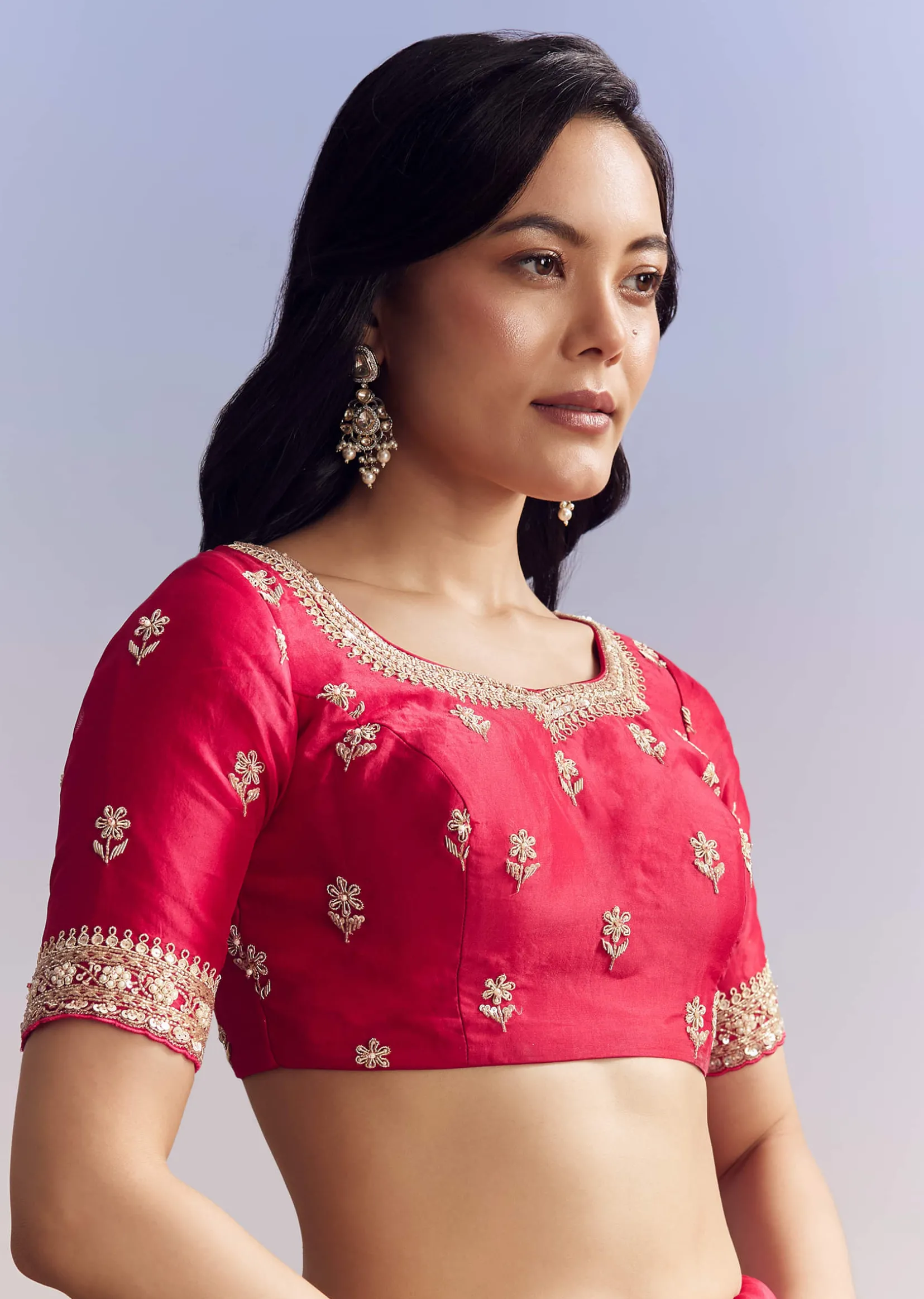 Red Satin Saree With Full Jaal Embroidery