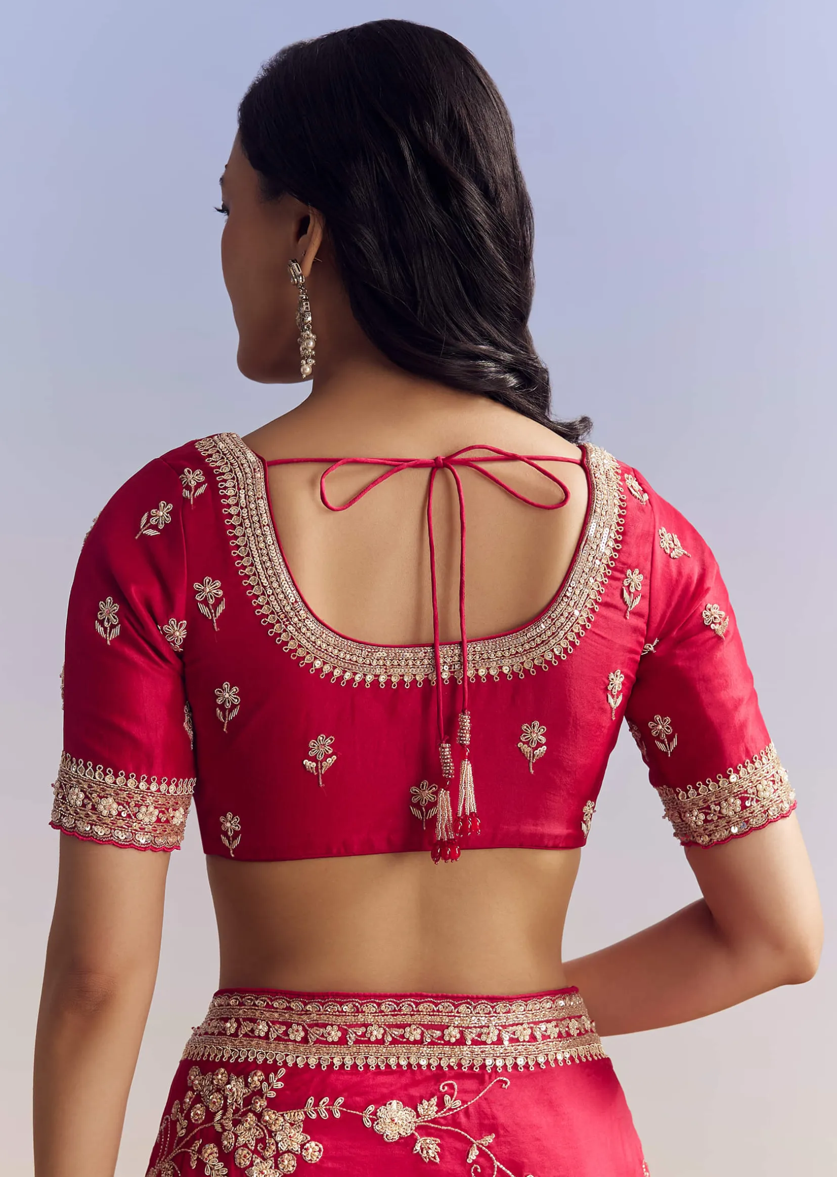 Red Satin Saree With Full Jaal Embroidery