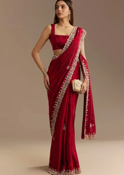 Red Satin Saree With Gotapatti And Scallop Border