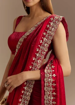 Red Satin Saree With Gotapatti And Scallop Border