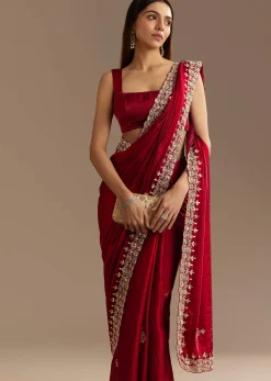 Red Satin Saree With Gotapatti And Scallop Border