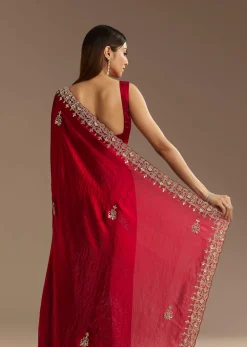 Red Satin Saree With Gotapatti And Scallop Border