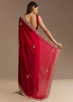 Red Satin Saree With Gotapatti And Scallop Border