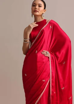 Red Satin Saree With Stone Embroidered Border And Unstitched Blouse
