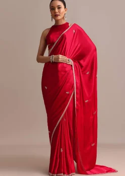 Red Satin Saree With Stone Embroidered Border And Unstitched Blouse