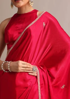 Red Satin Saree With Stone Embroidered Border And Unstitched Blouse