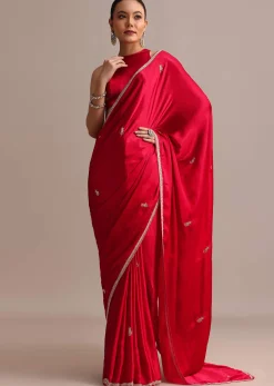 Red Satin Saree With Stone Embroidered Border And Unstitched Blouse