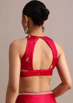 Red Satin Saree With Stone Embroidered Border And Unstitched Blouse