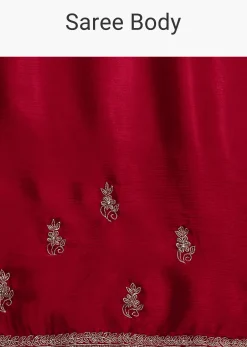 Red Satin Saree With Stone Embroidered Border And Unstitched Blouse