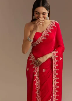 Red Satin Saree With Zardosi Embroidery And Scallop Border