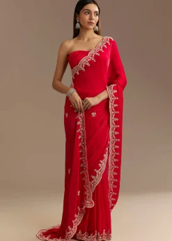 Red Satin Saree With Zardosi Embroidery And Scallop Border