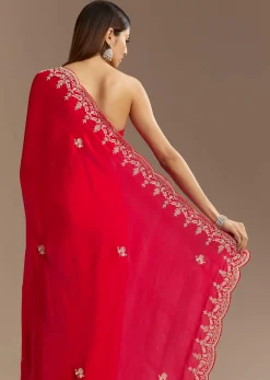 Red Satin Saree With Zardosi Embroidery And Scallop Border