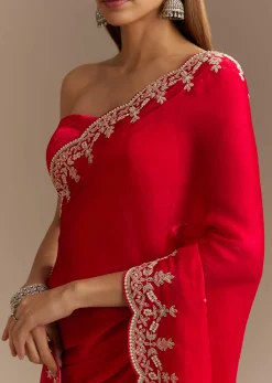 Red Satin Saree With Zardosi Embroidery And Scallop Border