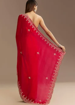 Red Satin Saree With Zardosi Embroidery And Scallop Border