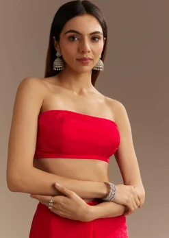 Red Satin Saree With Zardosi Embroidery And Scallop Border