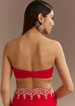 Red Satin Saree With Zardosi Embroidery And Scallop Border