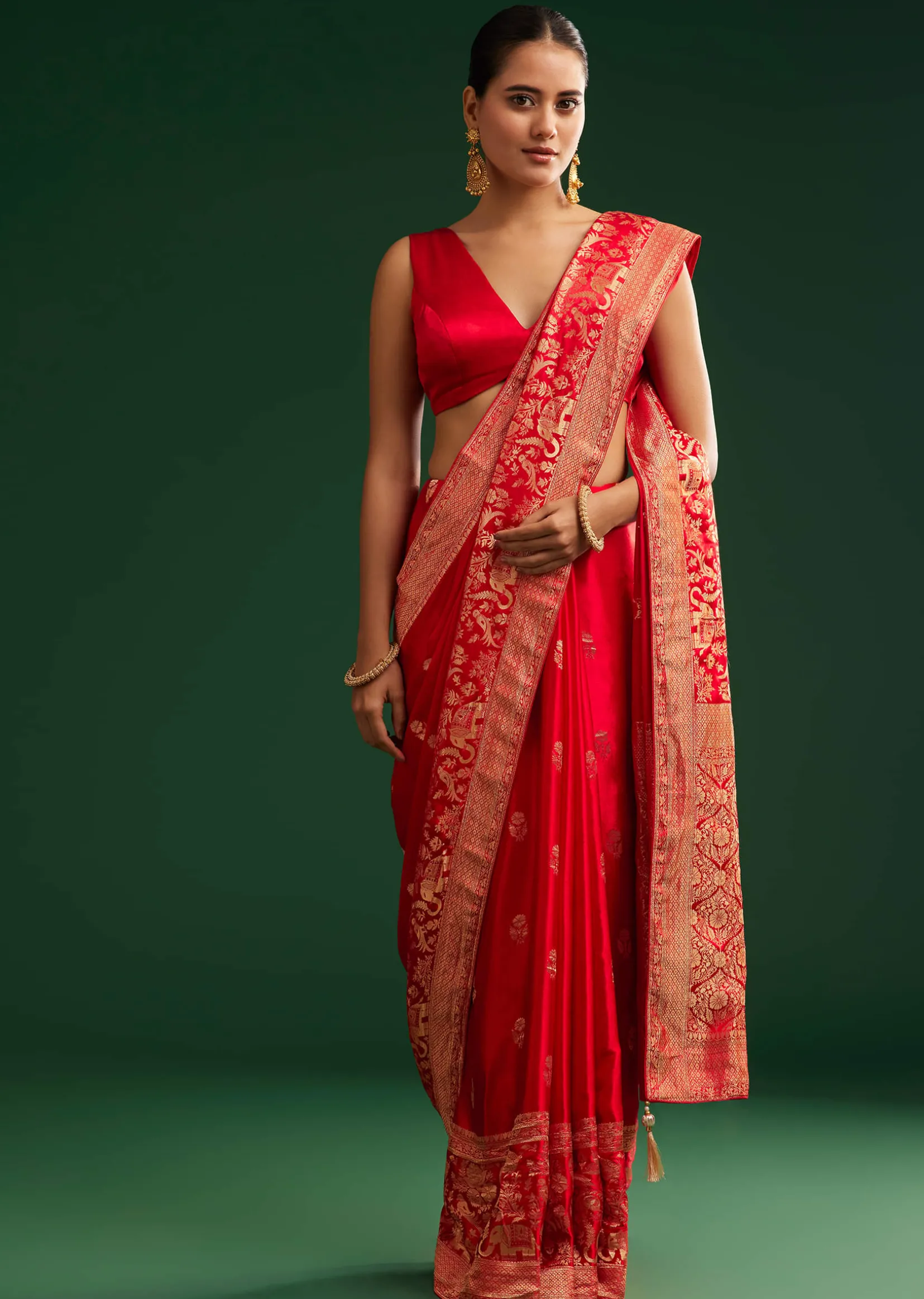 Red Satin Saree With Zari Weave