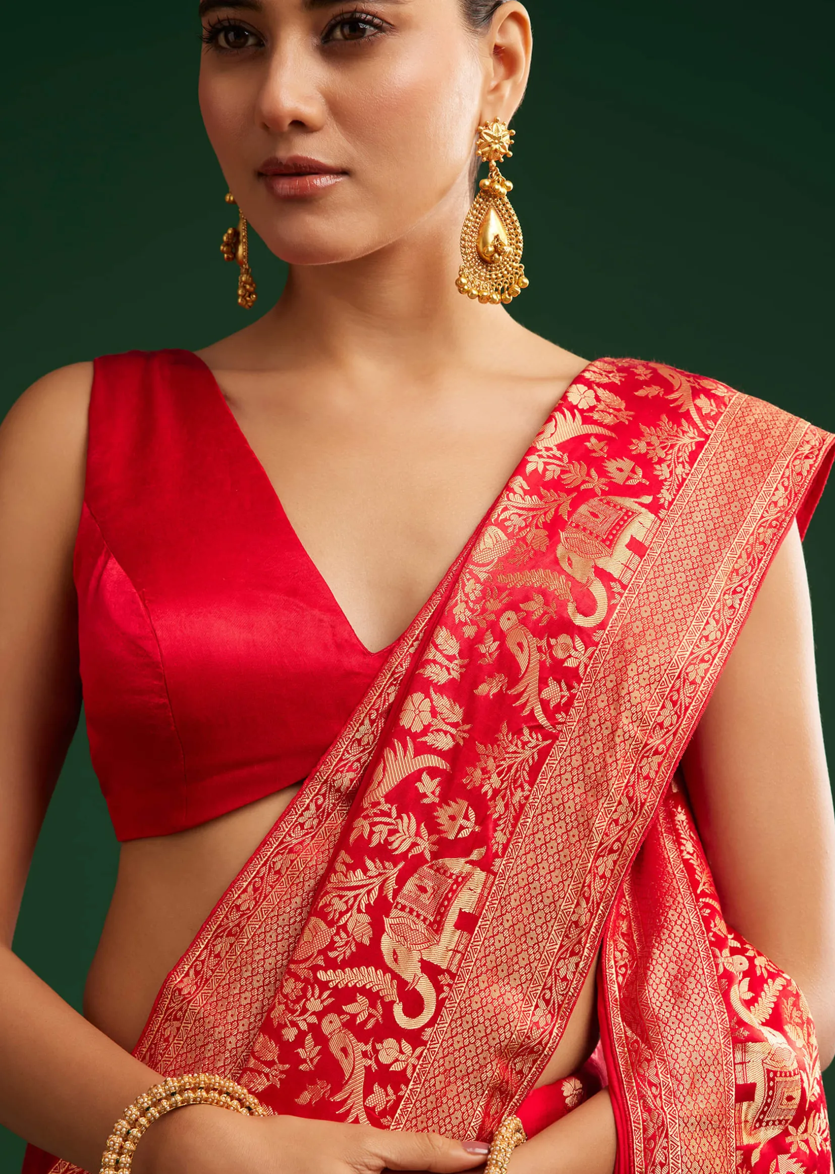 Red Satin Saree With Zari Weave