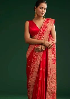 Red Satin Saree With Zari Weave