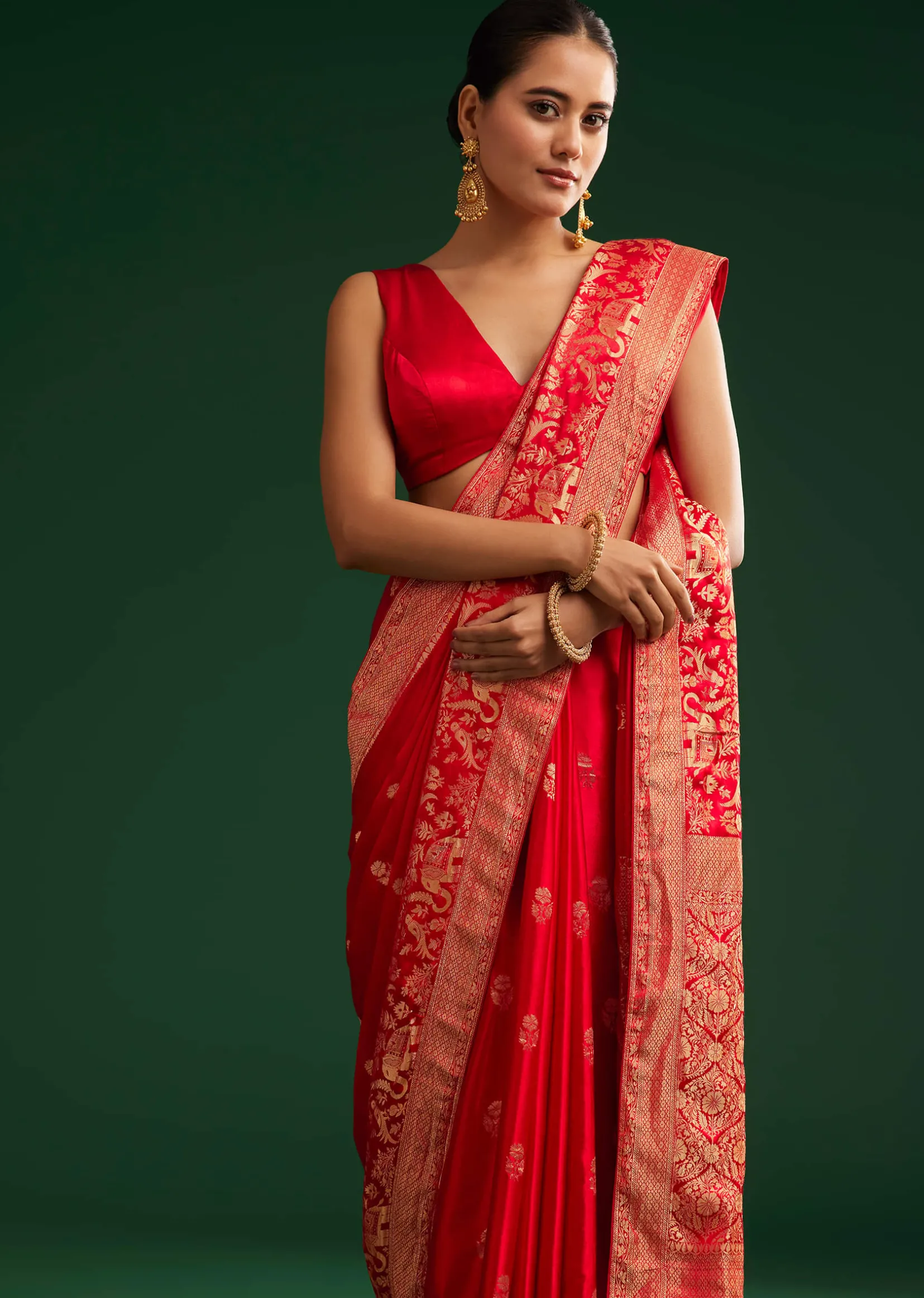 Red Satin Saree With Zari Weave