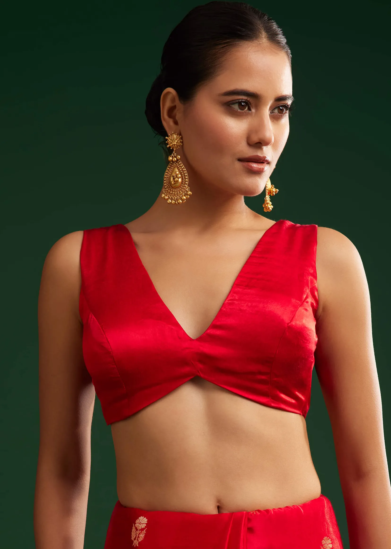 Red Satin Saree With Zari Weave