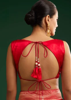 Red Satin Saree With Zari Weave