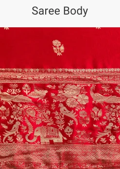 Red Satin Saree With Zari Weave