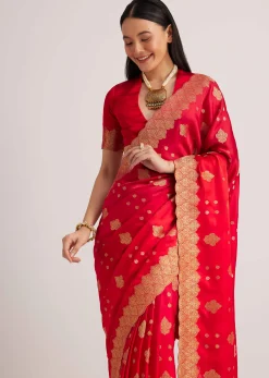 Red Satin Silk Butti Woven Saree With Scallop Brocade Border