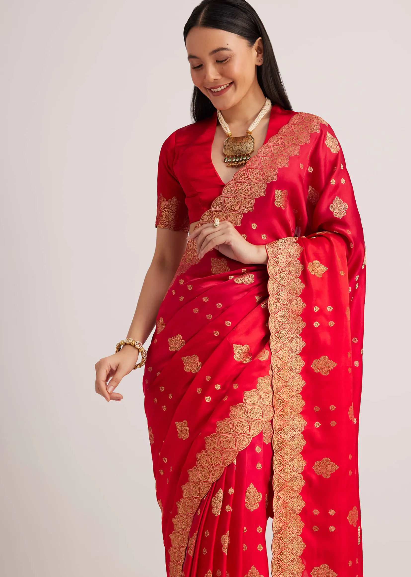 Red Satin Silk Butti Woven Saree With Scallop Brocade Border