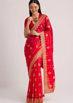 Red Satin Silk Butti Woven Saree With Scallop Brocade Border