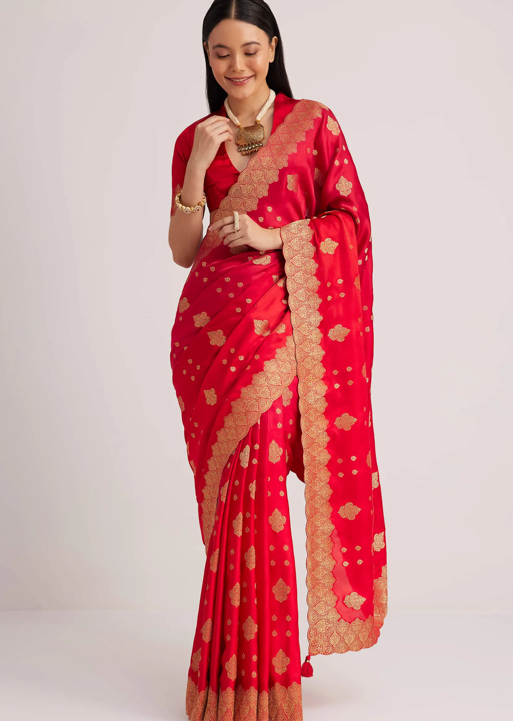 Red Satin Silk Butti Woven Saree With Scallop Brocade Border