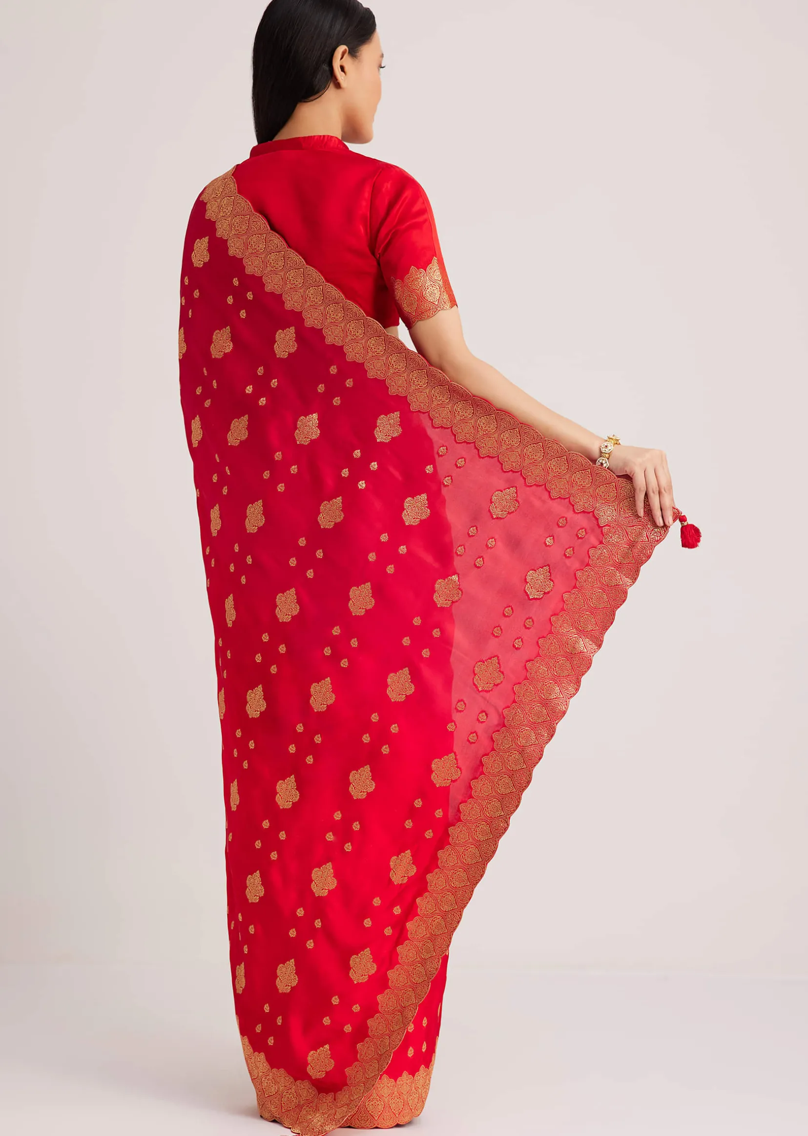 Red Satin Silk Butti Woven Saree With Scallop Brocade Border