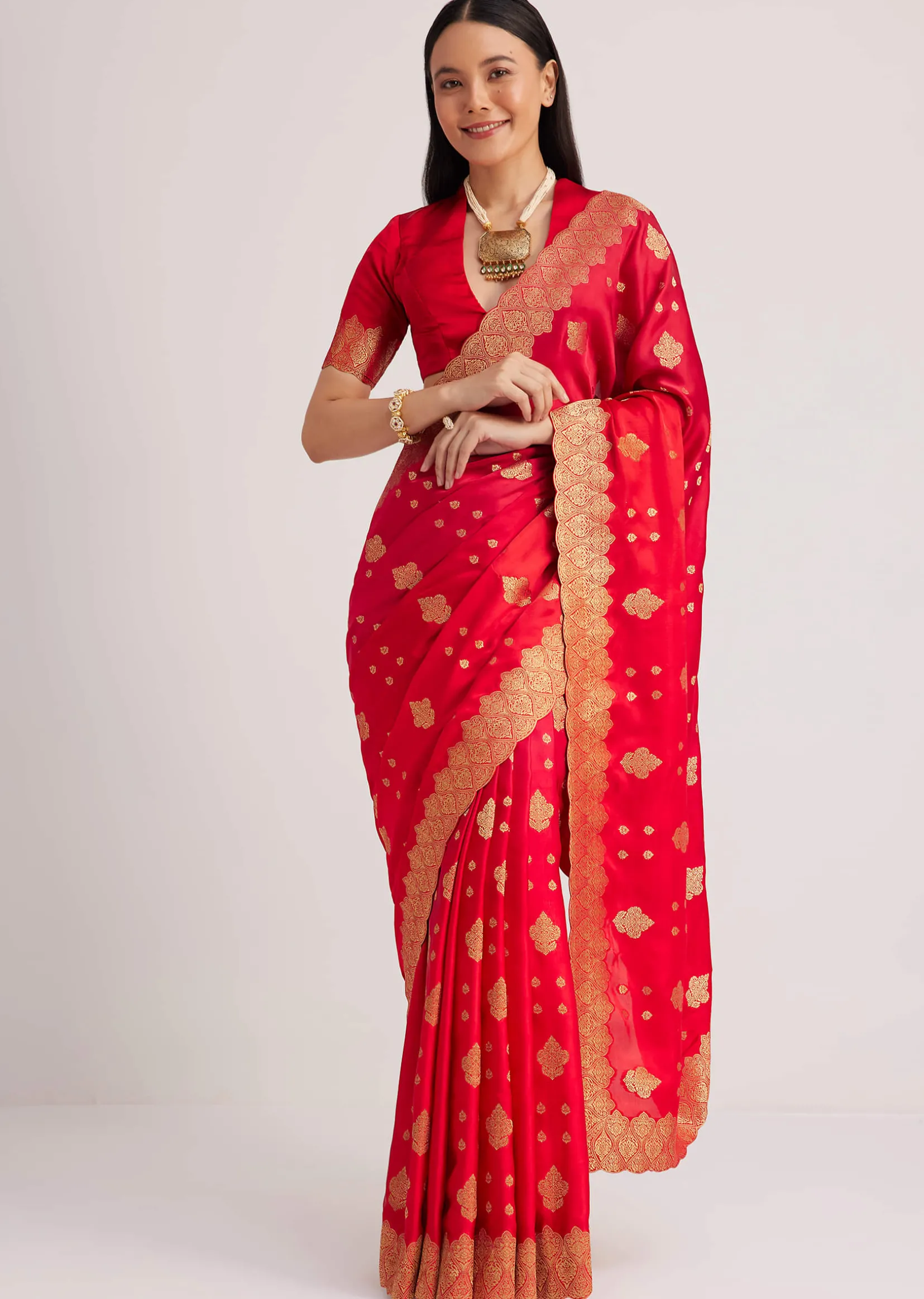 Red Satin Silk Butti Woven Saree With Scallop Brocade Border