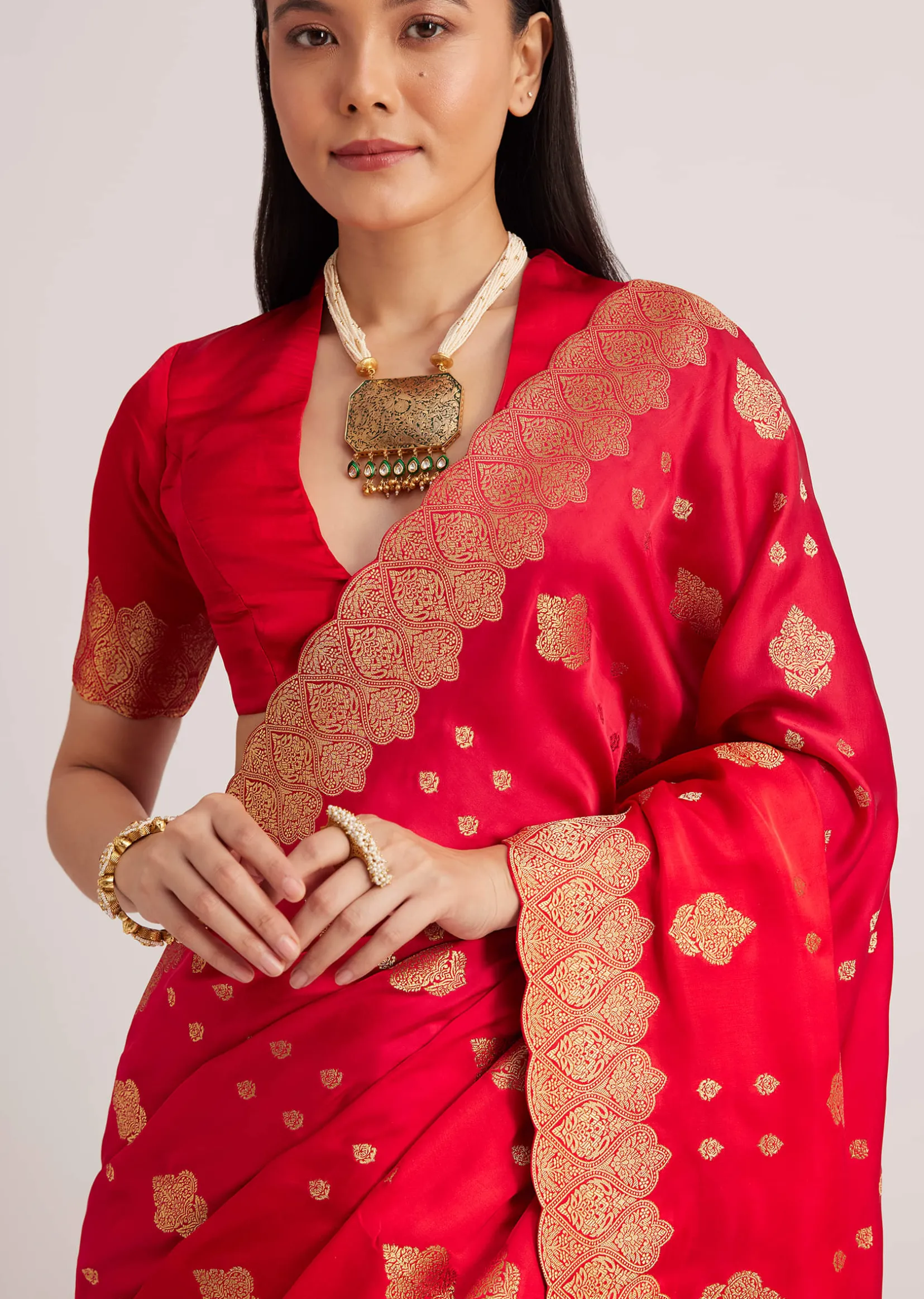 Red Satin Silk Butti Woven Saree With Scallop Brocade Border