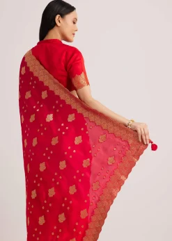 Red Satin Silk Butti Woven Saree With Scallop Brocade Border