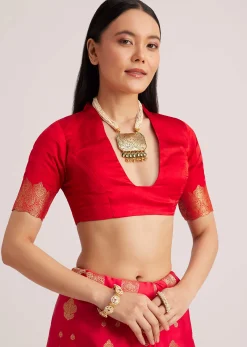 Red Satin Silk Butti Woven Saree With Scallop Brocade Border