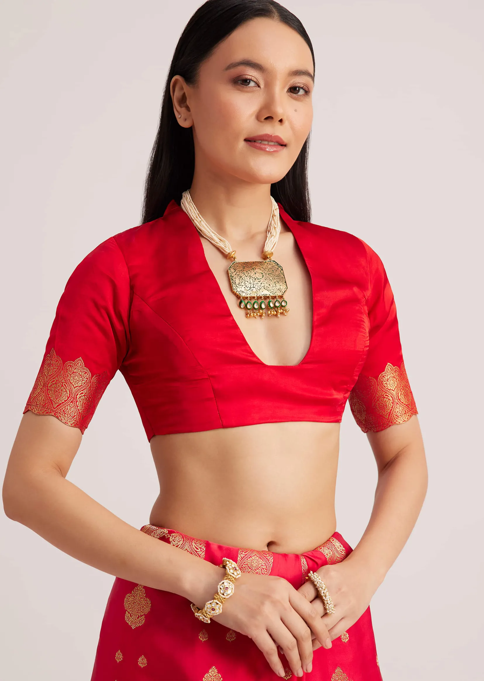 Red Satin Silk Butti Woven Saree With Scallop Brocade Border