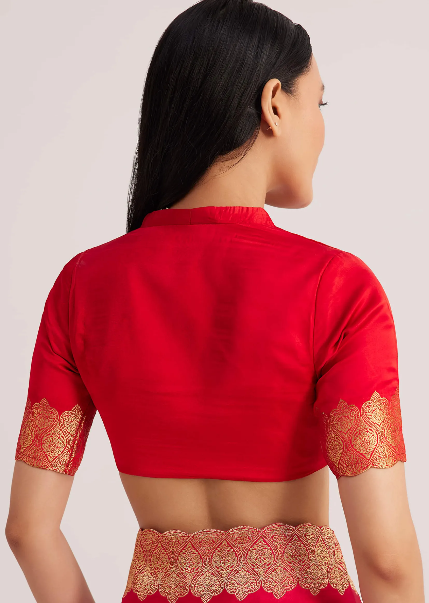 Red Satin Silk Butti Woven Saree With Scallop Brocade Border